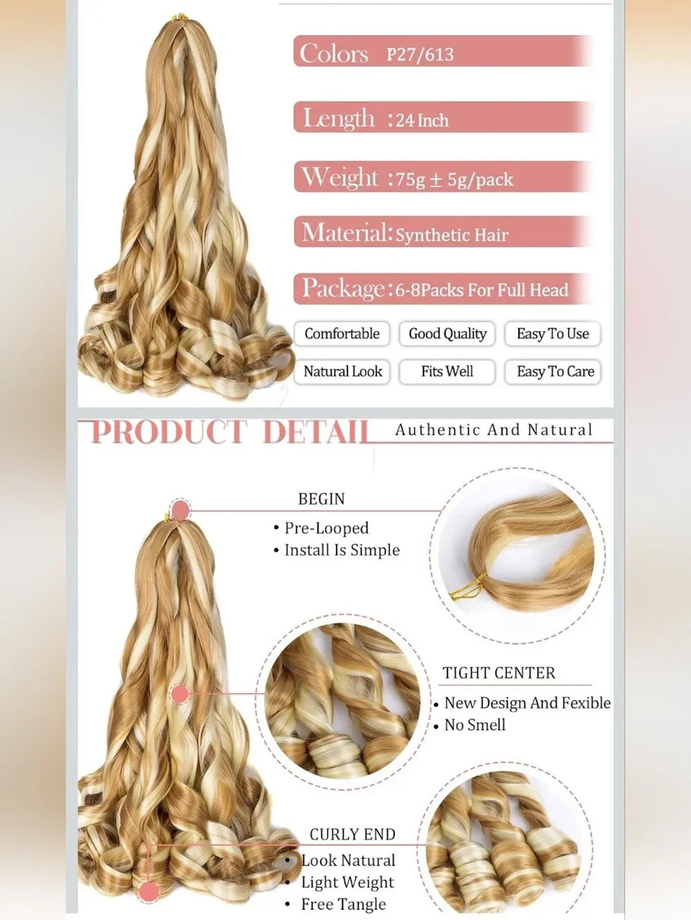 NWT Curly Braiding Hair,P27/613 Spanish Bouncy Crochet Hair 24 Inch 8Pack